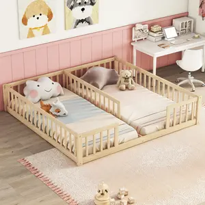 Double Twin Floor Bed with Guardrails, Fence Design, No Door - Safe Kids Floor Bed for Bedroom