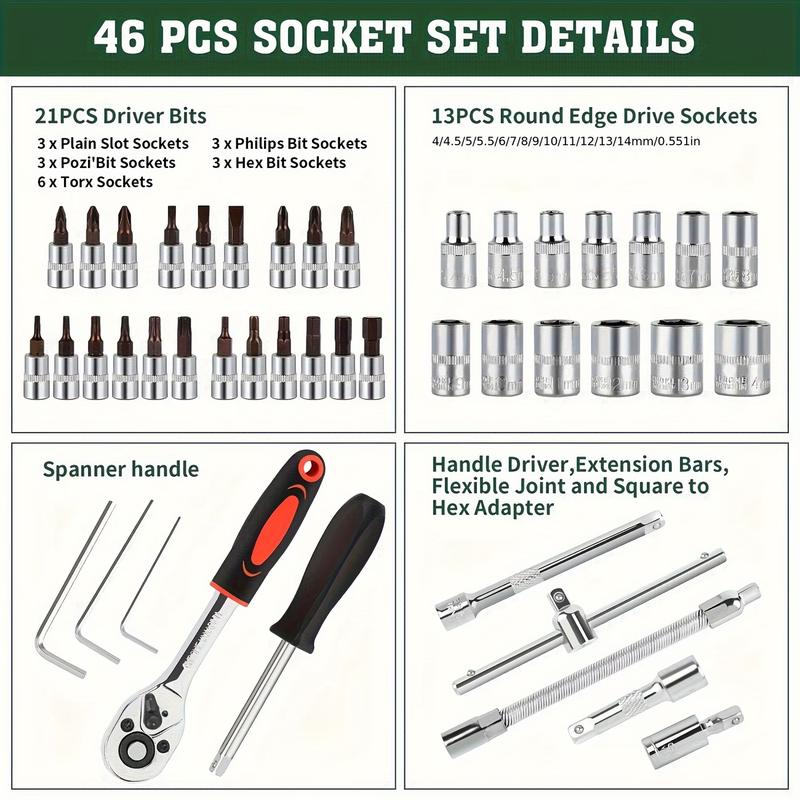 46-piece set 1/4 inch drive socket ratchet wrench set, S2 position CR-V socket metric and extension rod, suitable for automotive repair and household comprehensive tool kit, easy to organize