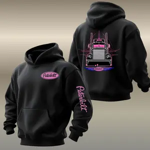 Retro Peterbilt Pink Semi Truck 2side Hoodie – Vintage Linework Semi Graphic Hoodie, Logo Printed On Sleeve,Classic Pullover, Unisex Highway Hauler Outfit for Truck Fans, Gift For Men