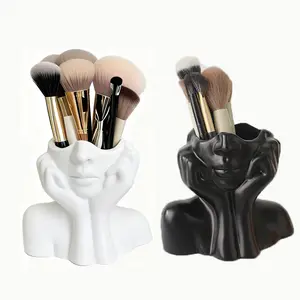 1pc Face-Shaped Makeup Brush Holder - Black & White Cosmetic Storage Box, Organiser, Beauty Supplies Organizer, Female Face Design (with Eyebrow Pencil Slot) - Lightweight & Portable Storage Box, Suitable for Dresser, Bathroom, Office Desk