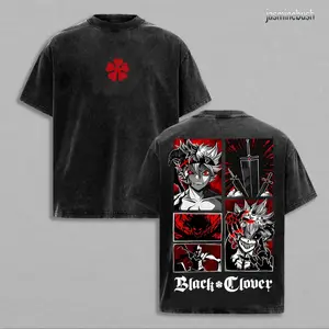 Retro Vintage Black Clover Anime Shirt: Human Devil Asta Double Printed Oversized Acid Washed Tee, Y2K Japanese Manga Streetwear Graphic T-Shirt, Gym Pump Cover, Cotton Merch Gift For Otaku Fans. Limited Edition Trendy Tops & Apparel