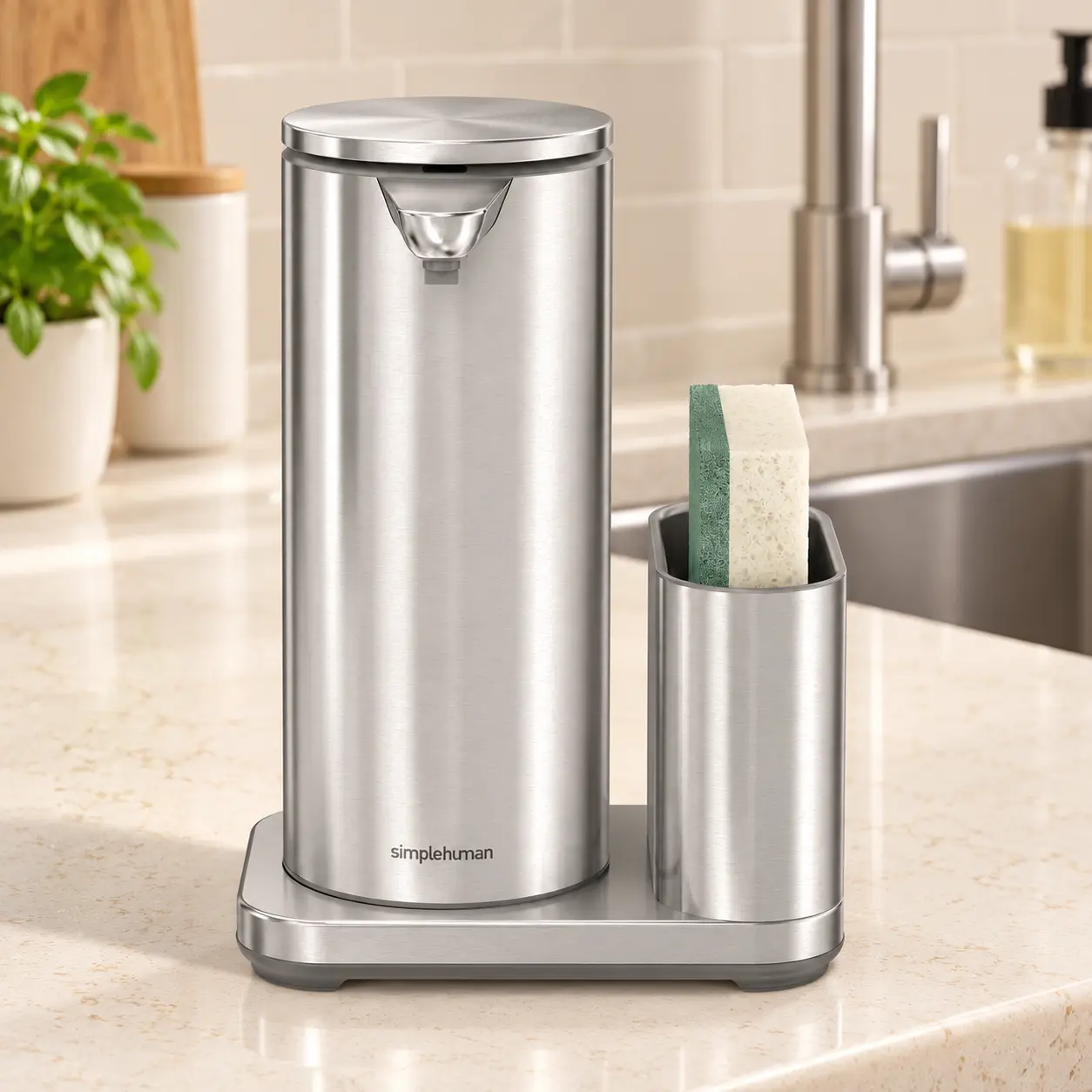 SIMPLEHUMAN 14 oz Rechargeable Touchless Liquid Soap Dispenser with Sponge Caddy, Automatic Sensor Pump for Kitchen Sink & Dish Soap