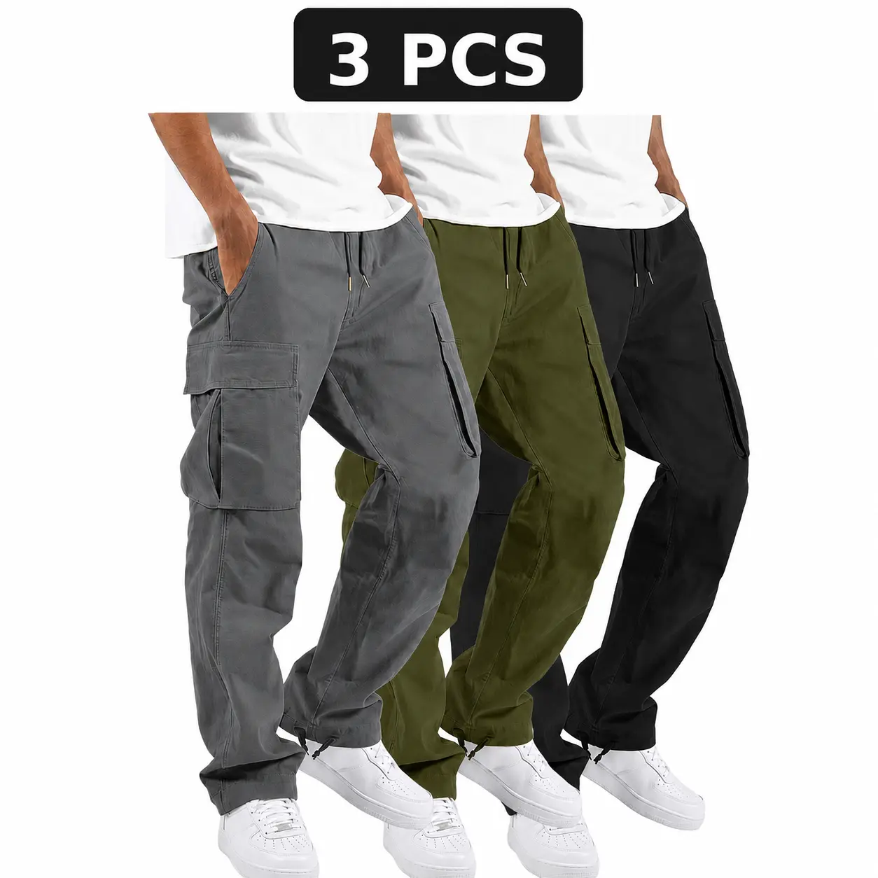 HYPESTFIT Men’s Cotton Stretch Cargo Pants, Loose-Fit Straight-Leg Utility Pants with Drawstring Waist and Multi-Pocket Design, Casual Streetwear