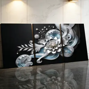 3 Counts Wooden Framed Canvas Painting, Silver Pearl Lotus And Wave Art Images, Exquisite Poster, Perfect Gift, Decor For Living Room, Bedthroom, Modern Art, Fashion Family Poster, Wall Art Decoration