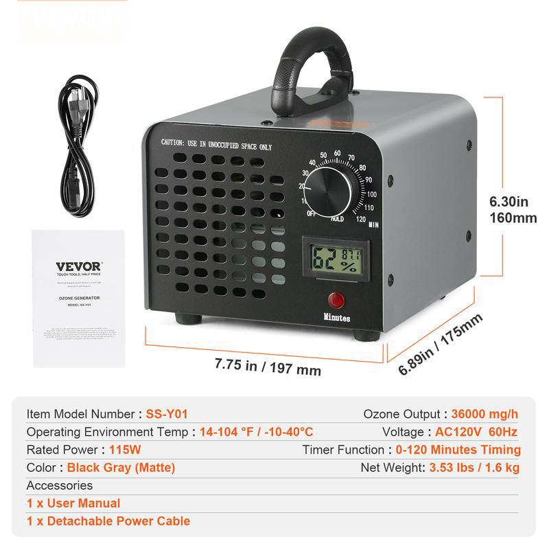 Ozone Generator 36000mg/h Ozone Machine Odor Remover Commercial / Industrial Home Air Ionizers Deodorizer with 0-120 min Time Setting for Rooms Cars Pets