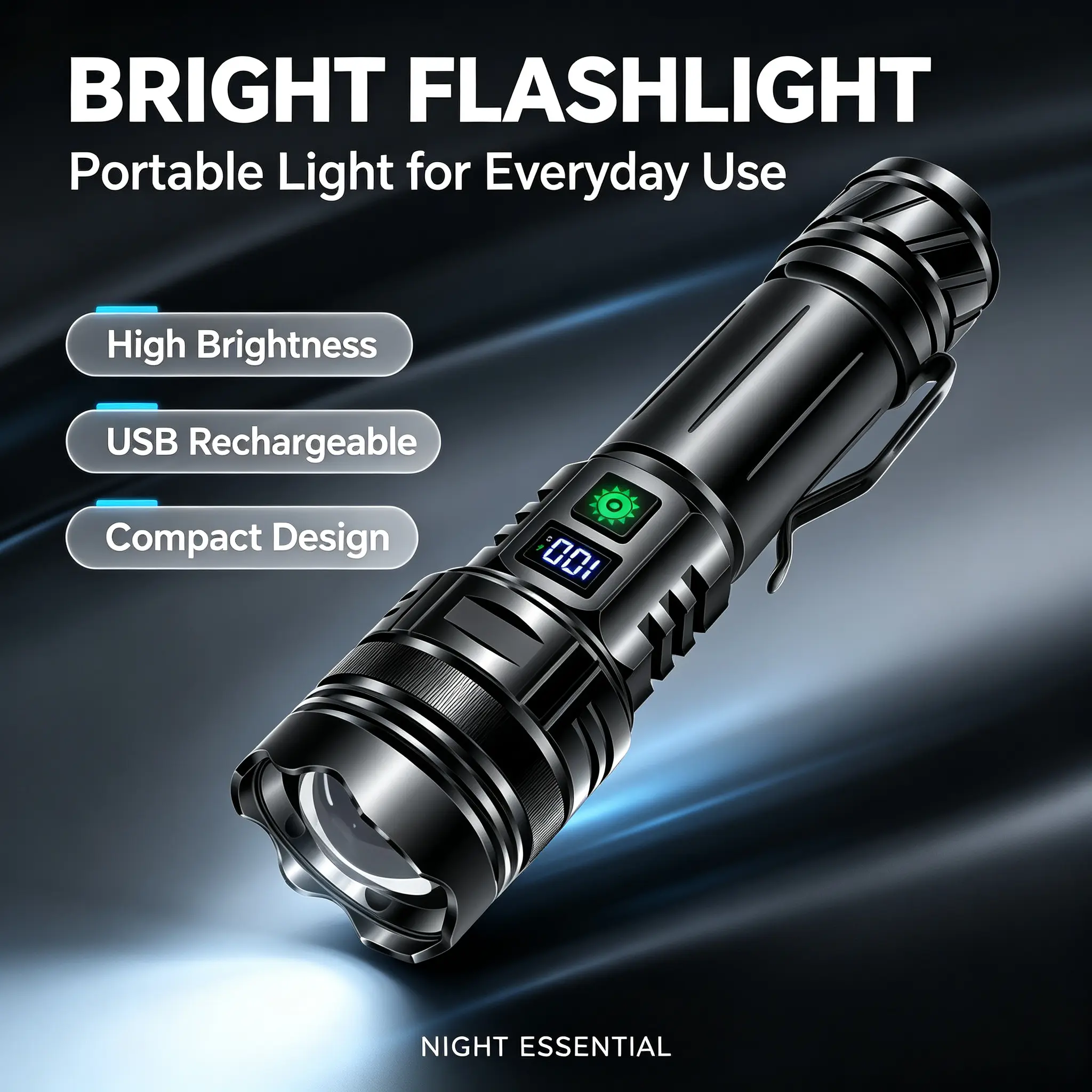 Rechargeable LED Flashlight with Power Bank, Digital Power Display, Zoomable Waterproof Tactical Flashlight,  Camping Lamp Portable emergency tool headlamp window breaker