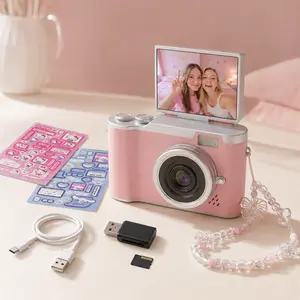 Cute Pink Digital Camera for Girls, Flip Screen Pocket Camera Gift Set with Charm Strap, Stickers, Memory Card & USB Reader