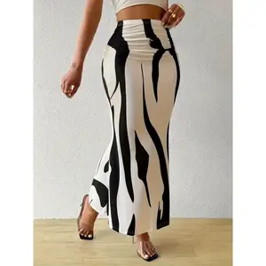 Abstract print fit-and-flare skirt, elegant high-waisted ankle-length skirt for spring and summer, minimalist basic comfortable women’s clothing