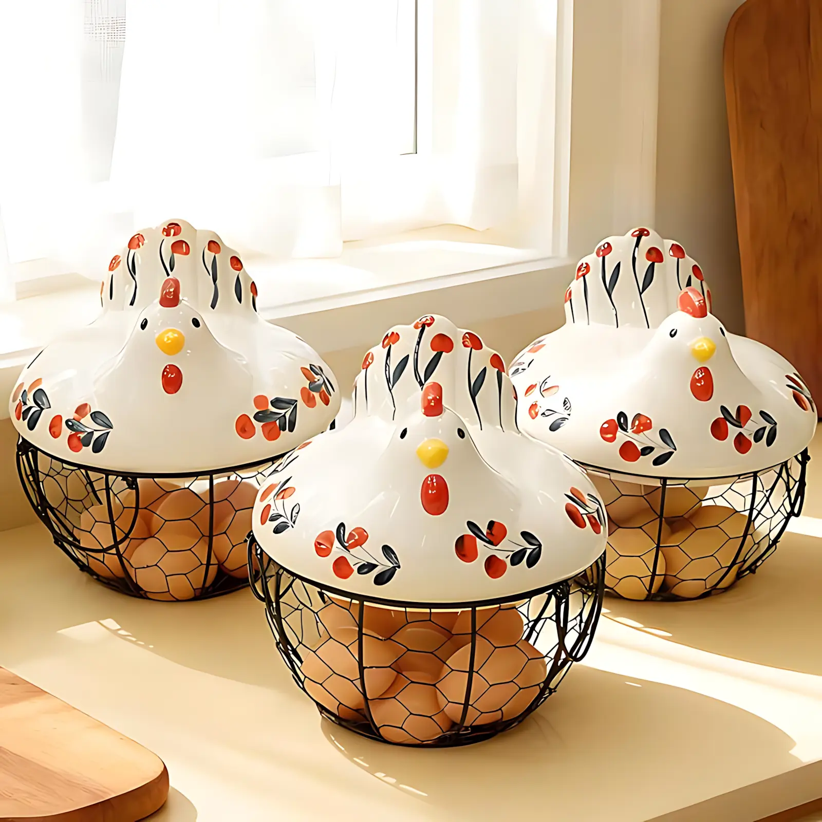Traditional Ceramic Iron Egg Basket - Round, Metal Wire Lid, 26.3*26.3*20.5cm Durable Space Saver, French Country Farmhouse Kitchen Counter Organizer for Eggs, Fruits, Mom Birthday Home Supplies Gift