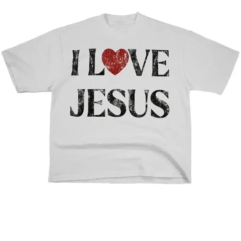 Women's Fitted Vintage "I Love Jesus" Graphic Short-Sleeve T-Shirt, Round Neck, Casual Top for Thanksgiving, Easter, Valentine's Day