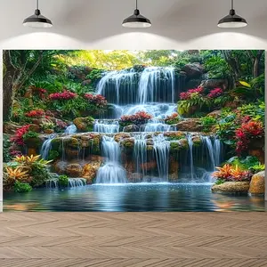 60in x 40in 1pc Lush Spring Waterfall Scene Backdrop - Vibrant Greenery & Floral Polyester Party Banner, Easy to Hang, No Electricity Required - Perfect for Photo Shoots, Live Streaming & Event Decor