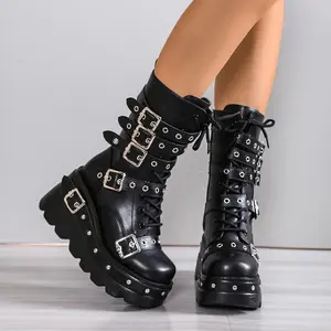 New Autumn-Winter Women's Fashion Thick-Soled Mid-Calf Boots with Lining, Warm Dark Punk Style, Side Zipper, Wedge Heel, Black Boots with Studded Buckle, Lightweight Comfortable High Heels, Plus Size, Women Shoes