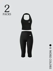 2-Piece Women Halter Crop Top & High Waist Capri Leggings Set, Stretchy Breathable Fabric, Slimming Tummy Control, Perfect for Gym, Yoga, Running & Casual Wear, Active Sportswear