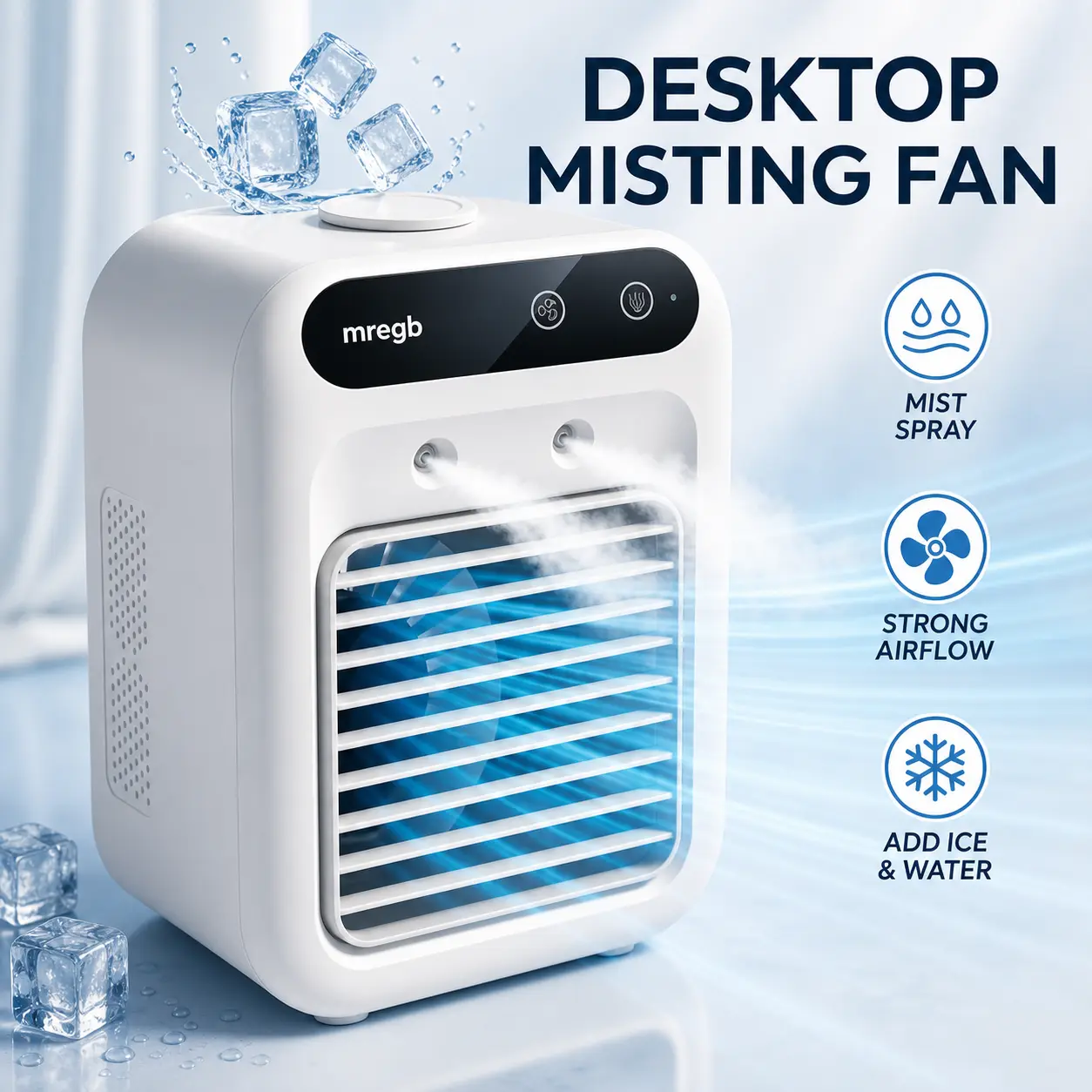 MREGB 3-in-1 Cordless Compact Tabletop Air Conditioner Fan - USB Rechargeable, Dual Mist Spray, Adjustable Speed, 500ml Water Tank, Adjustable Head, Quiet Low Noise, Ice Mist Cooler for Home, Travel, Office Use