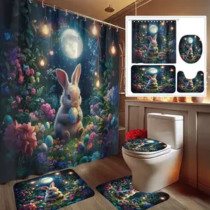 1/4pcs Easter Bunny Egg Floral Print Shower Curtain Set, includes non-slip mat, U-shaped rug, and toilet seat cover. Perfect for bathroom decoration, partitioning, and beautifying the space. Comes with 12 shower curtain hooks.