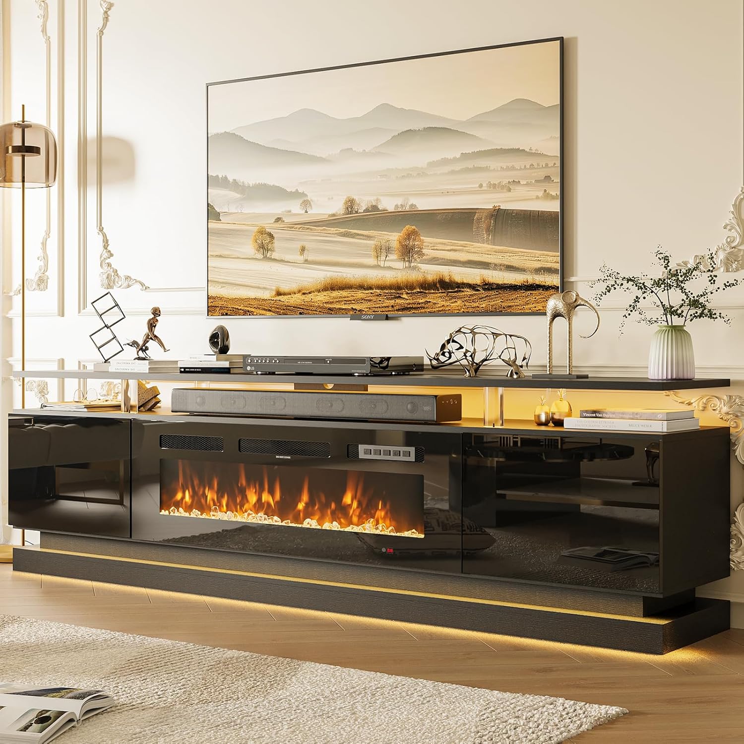 70' Modern Fireplace TV Stand, Black Media Console with Storage for TVs Up to 80', Living Room Entertainment Center