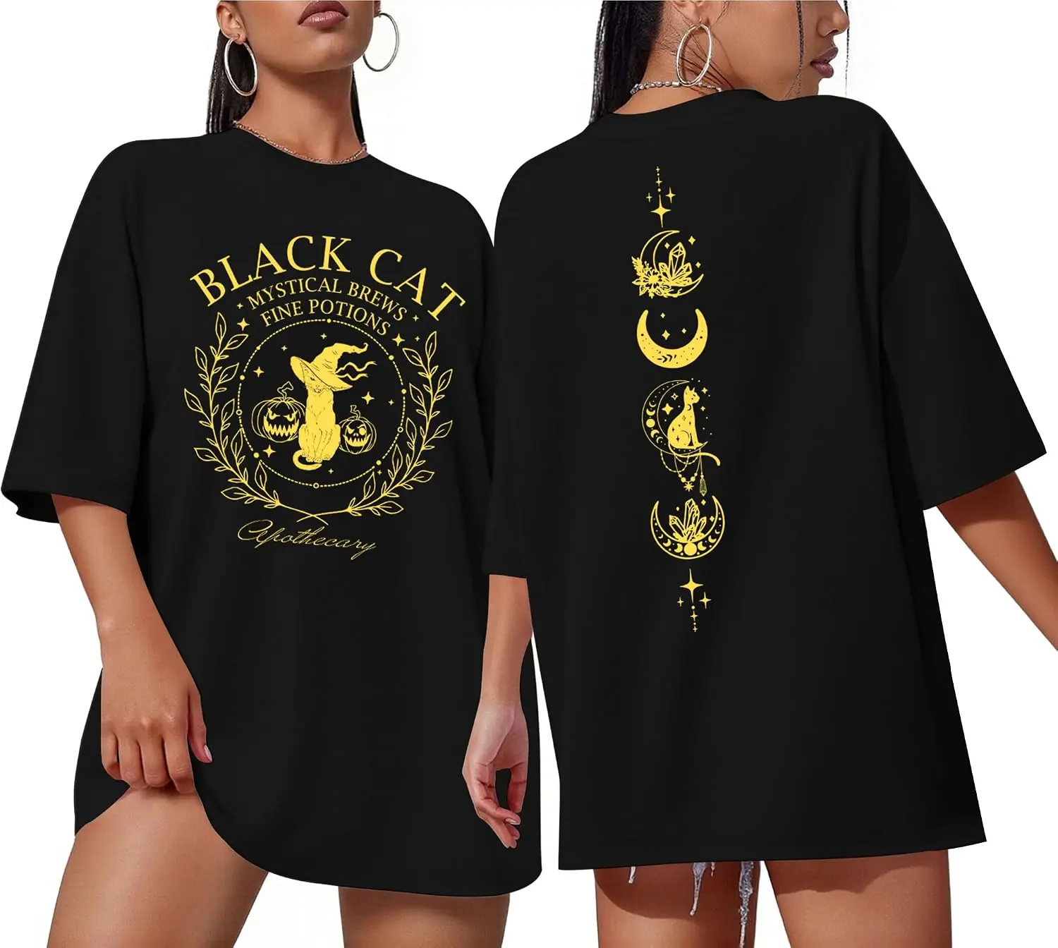Black Cat Apothecary Mystical Brews Double Side Print Oversized Witchy Unisex Crew Neck Halloween T-Shirt