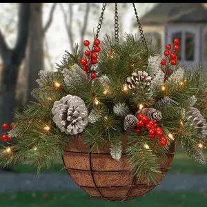 Pre Lit Artificial Hanging Plants for Christmas Decoration with Berries Pinecones and Lights