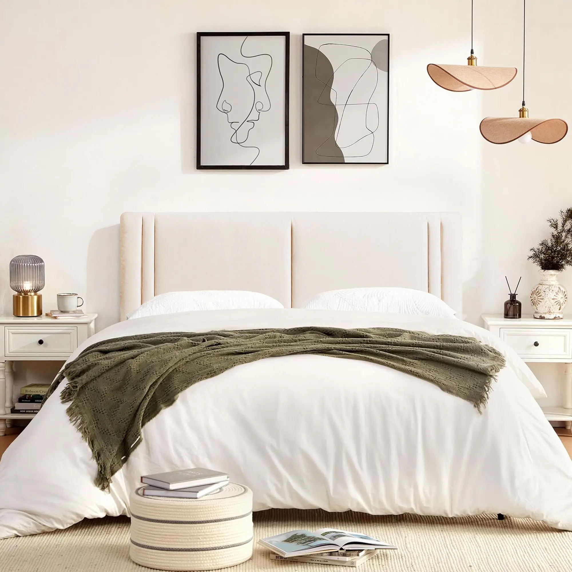 JONPONY Upholstered Full Headboard, Solid Wood Headboard with Linen Fabric, Adjustable Height Headboard from 37" to 51",Bed Frame Adapters,Headboard Only