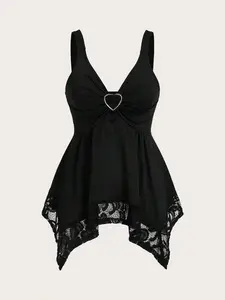 EVO x Olithes Women Contrast Lace Decorated Heart Shaped And Floral Splicing Tank Top Y2K