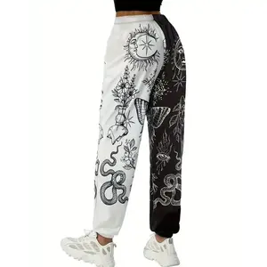 Women'sBohemianHippieJoggers-HighWaist,ColorblockGraphicPrintwithSunandMoonDesign,CasualLooseFitYogaPants,Polyester,MachineWashable-PerfectforAllSeasons