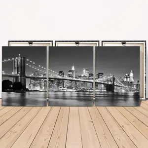 3 Counts Wooden Framed Canvas, Stunning Night City Bridge View, Exquisite Poster, Perfect Living Room Decoration, Modern Art, Fashion Family Poster, Wall Art Decoration, Odorless, Artwork