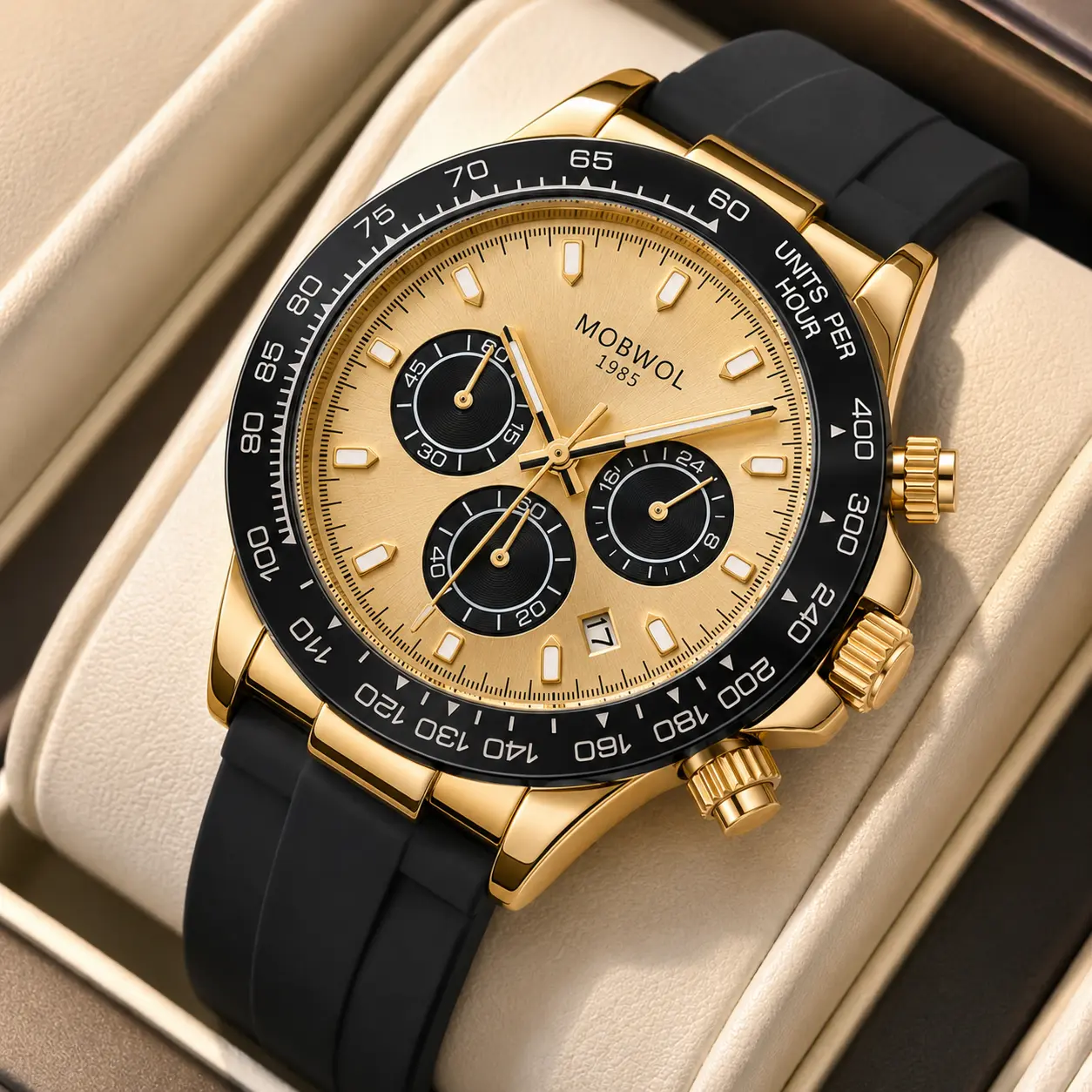 Men's Chronograph Gold-Coated Quartz Watch - 40mm Gold Dial, Ceramic Tachymeter Bezel, Precision Movement, Premium Silicone Strap, Ideal for Formal & Business Looks with Understated Luxury, Chronograph Quartz Watches, Gold-Coated Quartz Watches