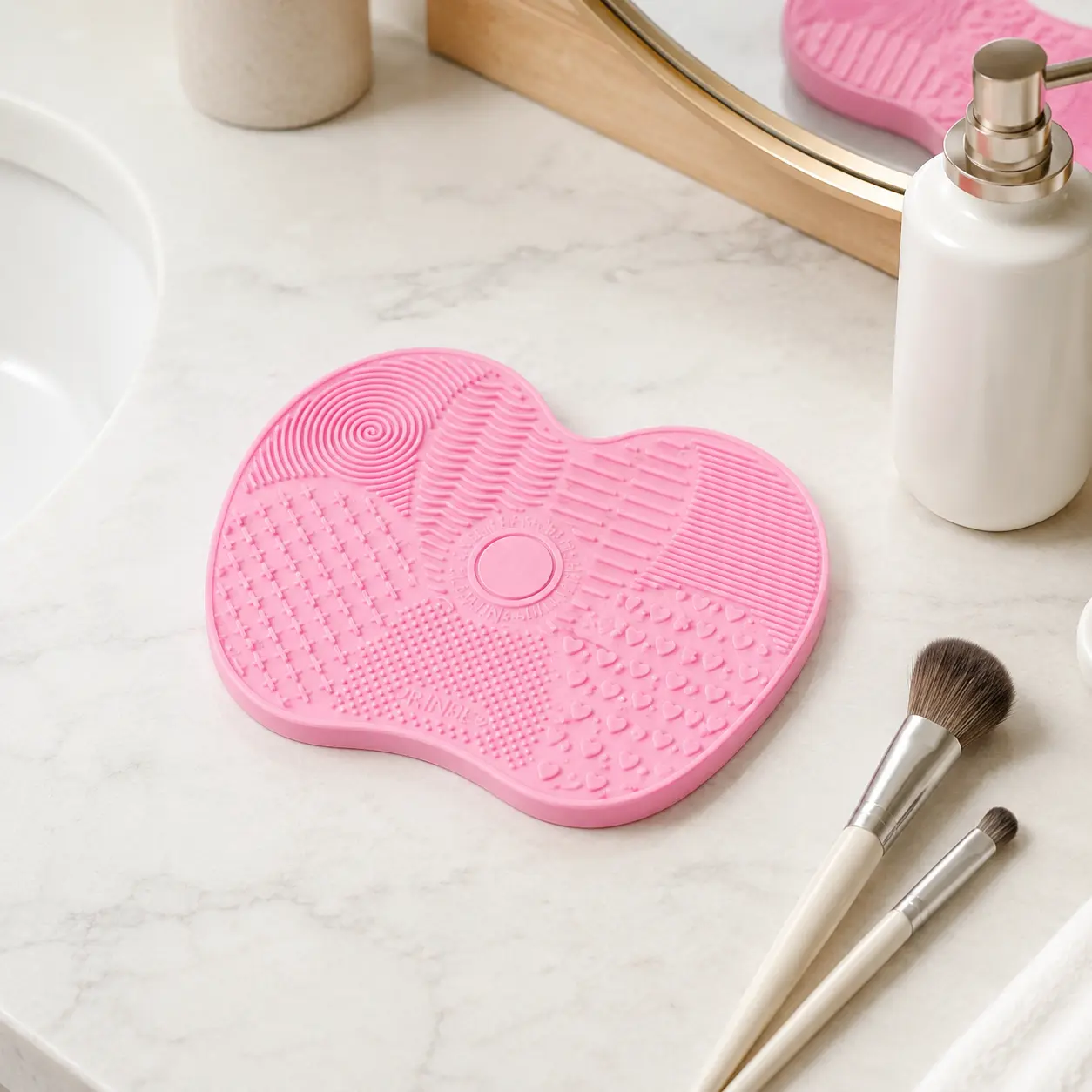 Makeup Brush Cleaner Mat with Suction Cups - Pink Cosmetic Scrubber Pad, Cleaning Tool for Brushes