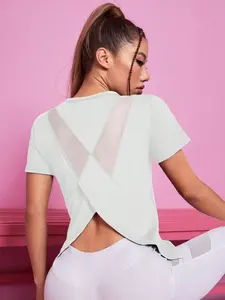 Women's Asymmetrical Contrast Mesh Sports Tee, Summer Clothes Women Breathable Quick Drying Tee Shirts for Workout Running, Summer Outfits, Gym Tops, Quick Dry Activewear, Athletic Yoga Tops