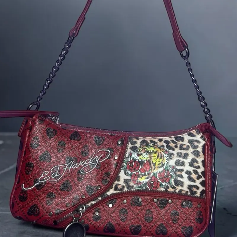 Ed Hardy Red Tiger Leopard Heart Skull Y2K Shoulder Bag Purse NWT
