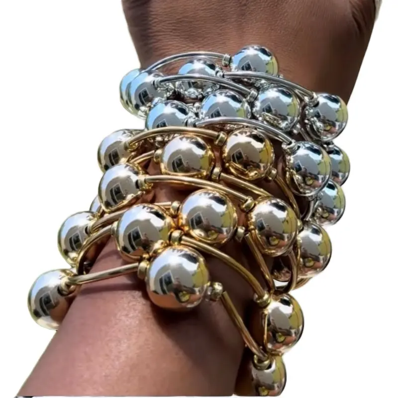 Women's 3-Piece Stackable Chrome Ball Pattern Bangles Bracelets Set - Trendy Stack Bangle, Gold & Silver Beaded Designs, Costume Jewelry for Women, Accessory Goals Fashion Accessories