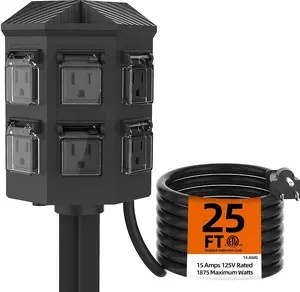 Outdoor Power Strip Weatherproof, 25 FT Extension Cord with Stake, 6 Grounded Outlets for Yard, Garden and Pool, 15A/1875W, ETL Listed