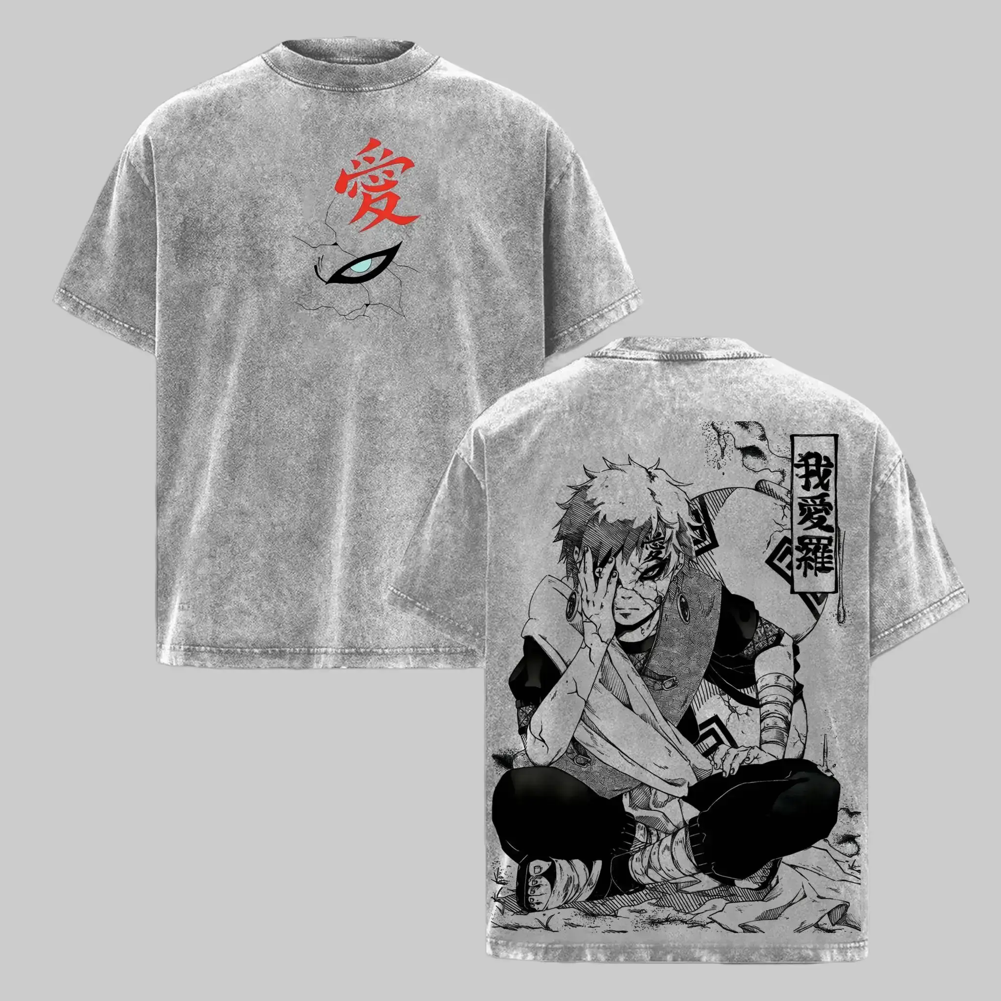 Gaara - Naruto Anime Double Printed Vintage Washed Tee Unisex Oversize Anime Manga Washed Heavyweight Cotton T-shirt, Gift For Anime Fan