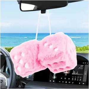 Fuzzy Dice for Rear View Mirror with Suction Cup,Cute Mirror Dice Decorates Car Accessories Interior,Stylish Car Hanging Ornament Car Dice Increasing Driving Pleasure (Pink)