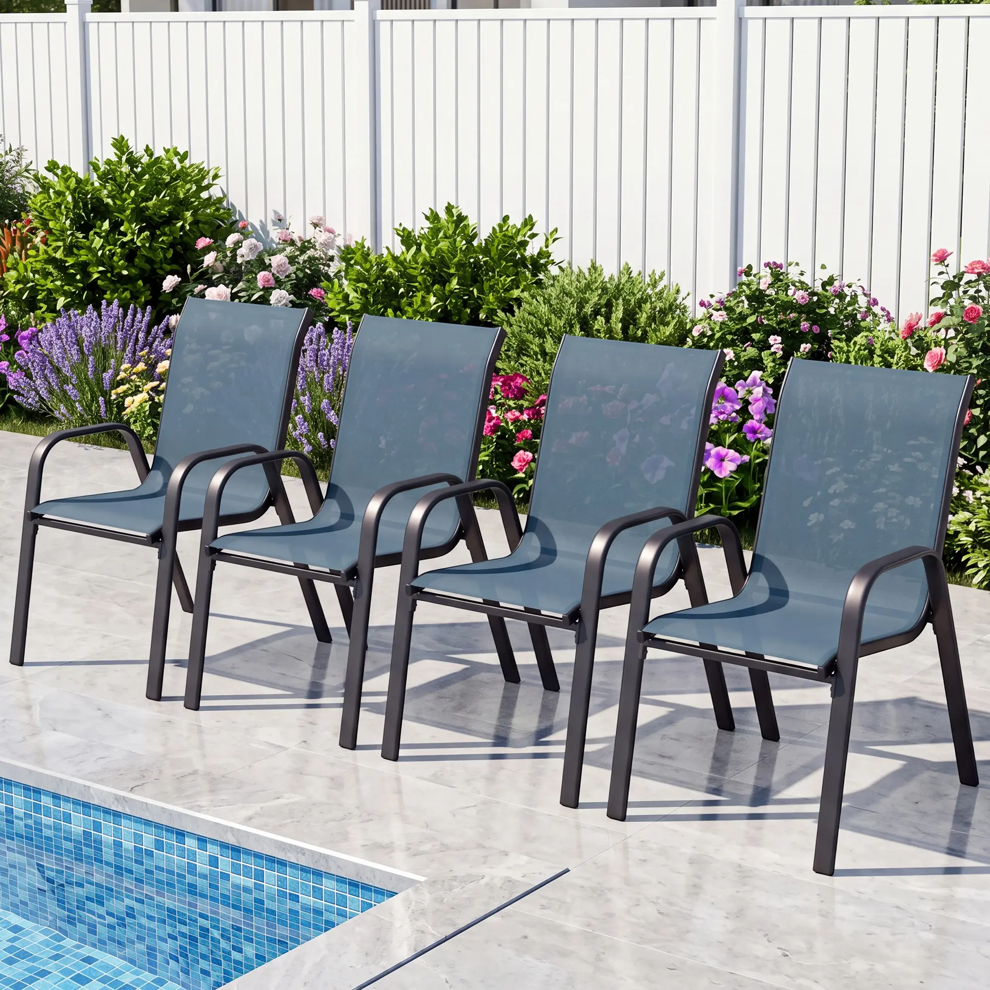 Stackable Patio Dining Armchairs Set of 4, 300lbs Max Weight Capacity, Rustproof Steel Frame, Quick Dry Textilene Mesh Fabric, All-Weather Outdoor Stacking Chairs for Backyard, Poolside, Brown Mesh & Black Frame