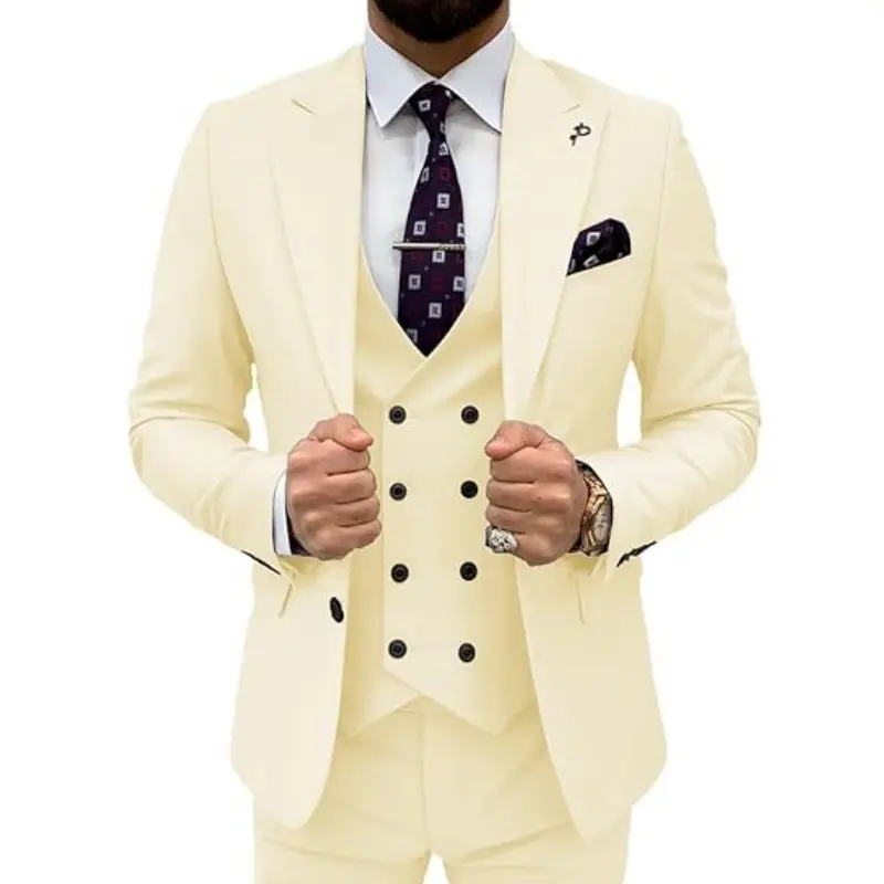 Men's 3-Piece Slim Cotton Formal Wear Suit with Buckle - Menswear Clothes for Wedding, Evening Dance, Dinner Tuxedo, Casual, Mid, Fabric