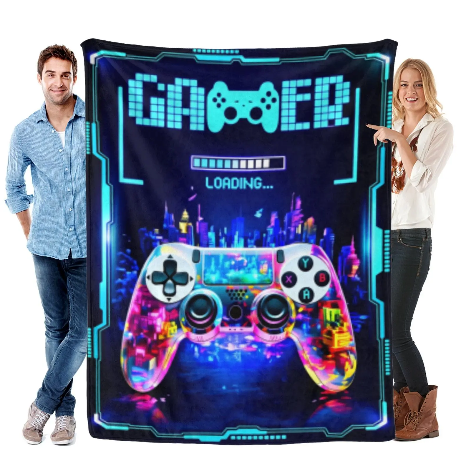 Neon Gamer Loading Game Controller Flannel Throw Blanket Multiple Sizes, Cyber City Video Game Print Blanket, Warm Cozy Gamer Room Decor Gift for Teen Boys Men