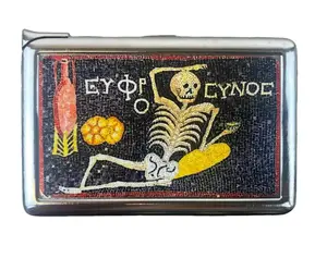 Be Joyful Skeleton Greek Memento Mori Metal Case Wallet with Built in lighter