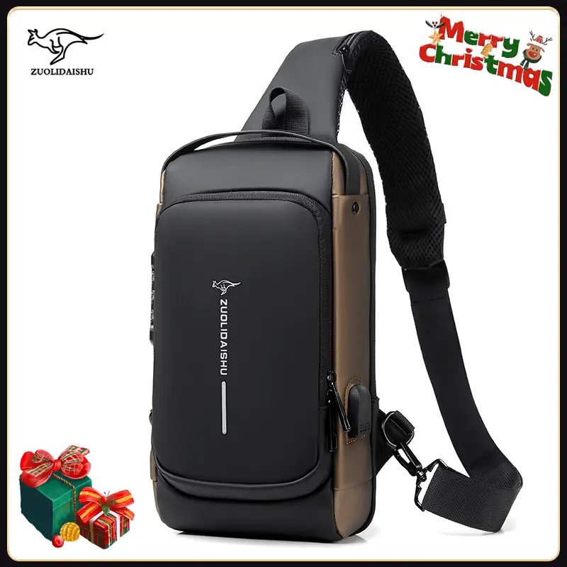 Men's Fashion Letter Pattern Zipper Pu Sling Bag with Password Lock for Summer 2024, Waterproof Travel Business Chest Bag, Male Simple All-match Cross