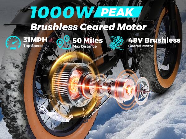 Electric Bike for Adults Peak 1000W, 31MPH,48V 17.5AH, E-Bike,35-45 Miles Electric Motorcycle, 20" Fat Tire Dirt Bike, UL2849 All Terrain for Mountains, Snow, Sand, Road