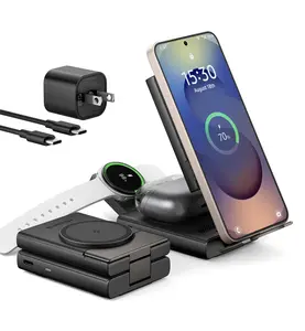 SURITCH for Samsung 3-in-1 Wireless Charging Station, 15W Ultra-Compact Chargers Foldable Charging Dock Stand for Galaxy S25 S24 S23 S22 S21 Z Fold/Z Flip, Galaxy Watch 8/7/6/5/4/3, Galaxy Buds