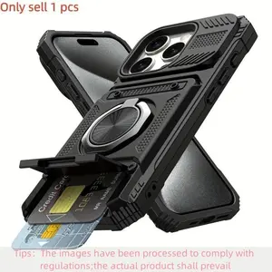 Shockproof Heavy-Duty Hard Shell Case for iPhone 17/16/15/14/13/12 Pro Max Plus, Metal Stand, Hidden Dual Sim Slot