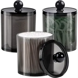 3-Pack Qtip Dispenser Apothecary Jars  - 12oz Black Plastic Storage Set for Cotton Swabs, Balls, Rounds, Floss Picks, Hair Clips & Ties