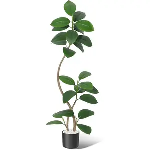 Garvee 7FT Artificial Rubber Tree in Black Resin Pot with White Stones, Faux Fiddle Leaf Fig Tree for Indoor Decor, Large Real Touch Floor Plant for Home and Office