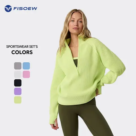 Fisoew Women's Quarter-Zip Waffle Knit Pullover Knitwear, Long Sleeve Basic Women's Tops with Thumb Holes, Collar, Ribbed Cuffs, Loose Fit, V-Neck, Everyday Fabric, Fall Winter 2026 Casual Jumper