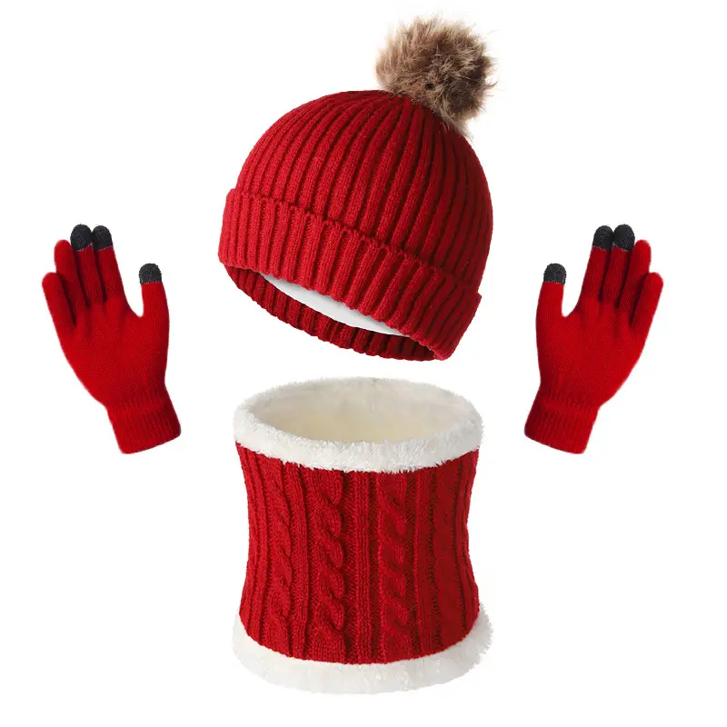 Women's Winter Hat Scarf Gloves Set (3PC), Thermal Fleece Lined Beanie Touchscreen Gloves Knit Neck Warm for Teens to Adults