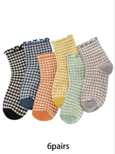 6 Pairs Of Retro Plaid Mid Tube Socks with Cute Colorful Plaid Lace Socks Suitable for Women's Daily Sports and Leisure Socks, Lady, Everyday