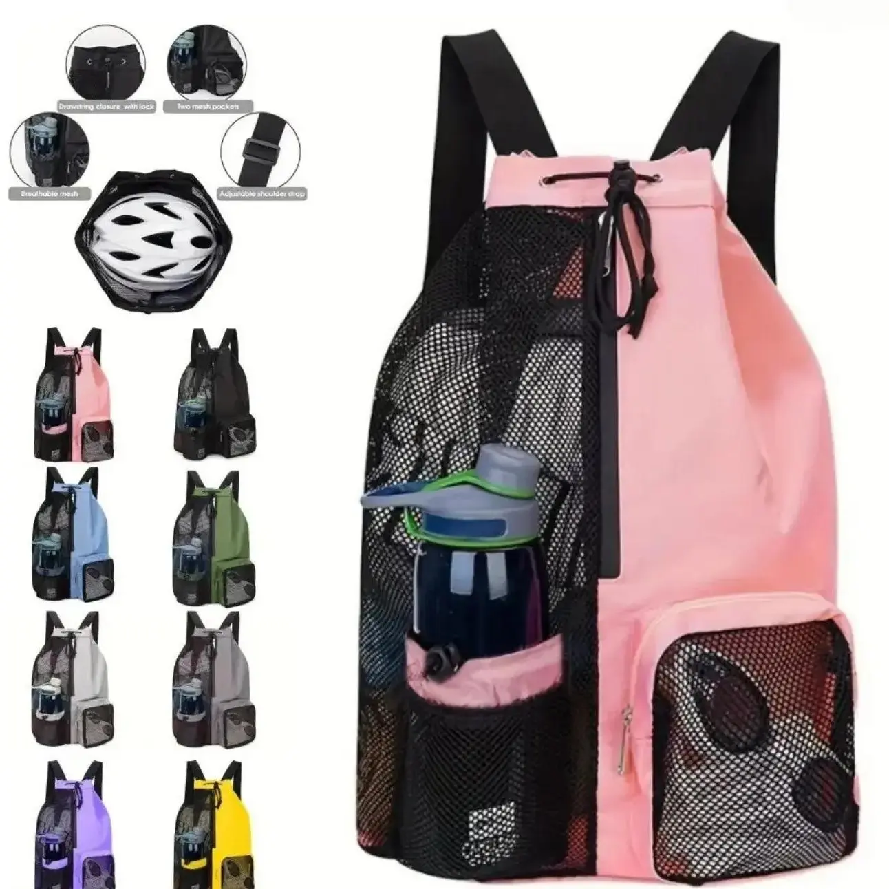 Mesh Drawstring Swim Bag - Lightweight Fabric Sport Sack with Wet-Dry Compartment, Large-Capacity Pool-to-Travel Accessory for Women’s Summer Use