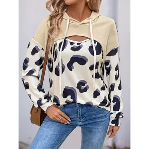 Women's Leopard Patchwork Print 2 IN 1 Cut Out Hoodie, Casual Drop Shoulder Long Sleeve?Drawstring?Hooded Sweatshirt for Fall & Winter, Ladies Clothes for Daily Wear