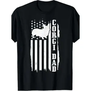 [100% Cotton] 100% Cotton Corgi Dad Vintage American Flag Patriotic Corgi Dog T Shirt 100% Crew Neck Regular Fit Slight Stretch All Season Fabric Printed Design for Men and Women
